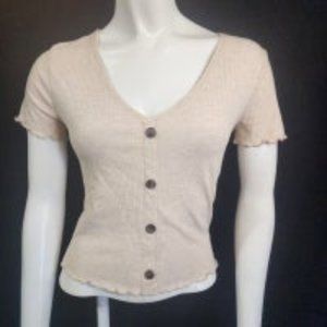 Caution To The Wind Cream Ribbed Faux Button Down Top